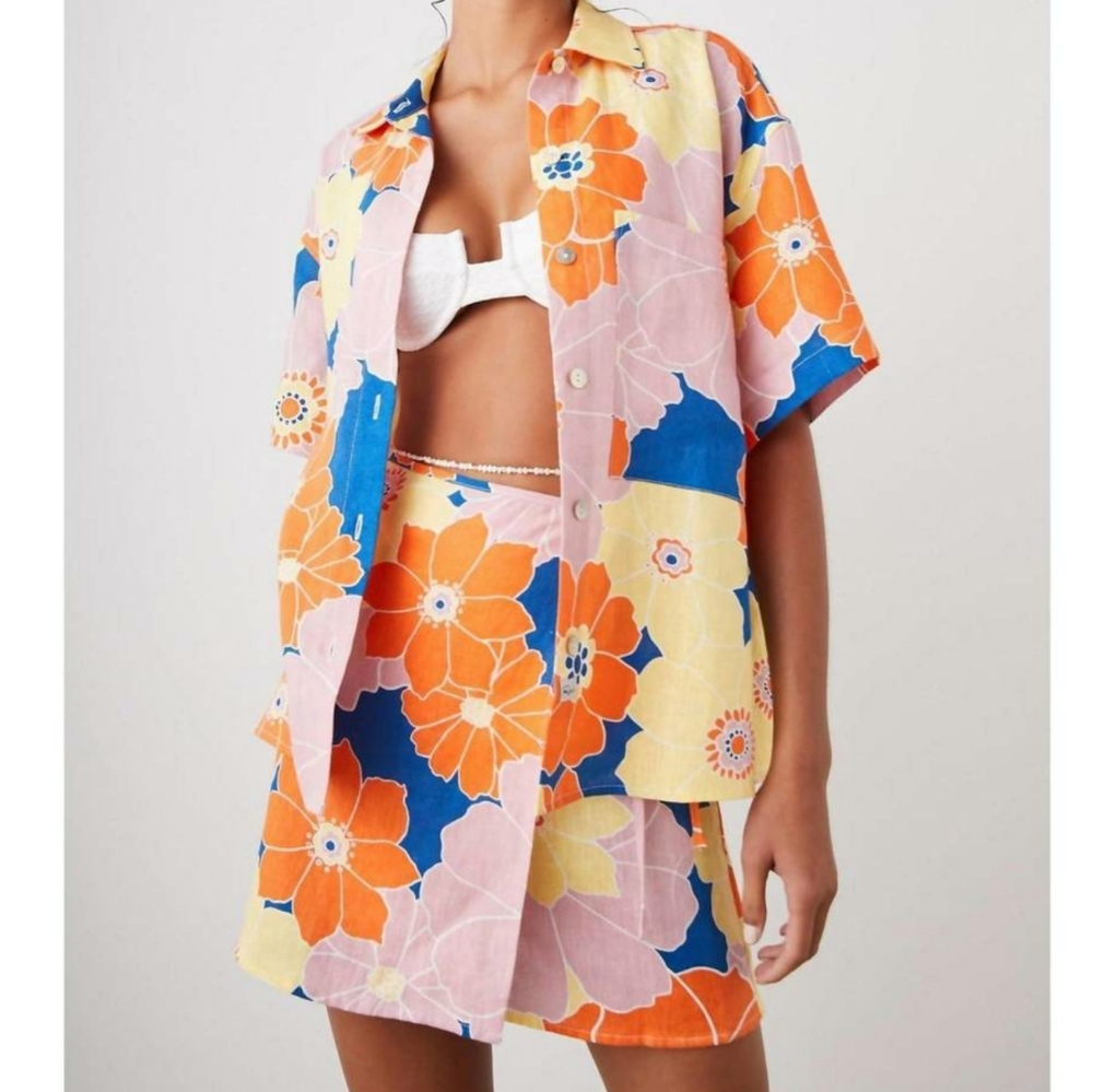 RAILS MacKinley Top Flower Power Pink Yellow Orange Blue Linen - Picture 3 of 17